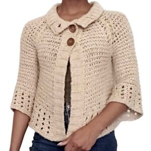 Free People Chunky Knit Cropped Sweater Small Wool Blend Cream Metallic Gold